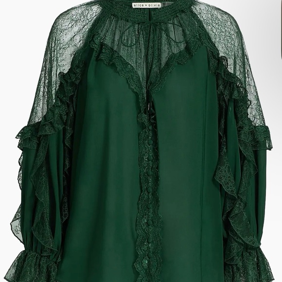 NWT $495 Alice + Olivia Dark Green Mystique cold shoulder  Blouse - Picture 3 of 6